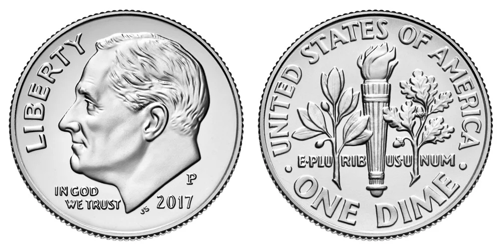 2017 Roosevelt dime obverse and reverse showing mint mark location and torch design