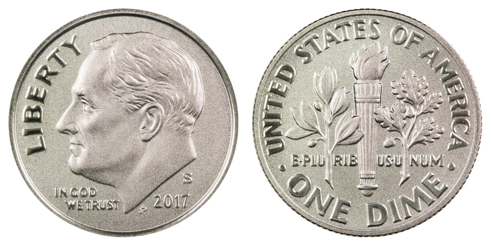 2017 Roosevelt dime reverse comparison: left showing merged torch bands (common), right showing full separation (Full Bands)