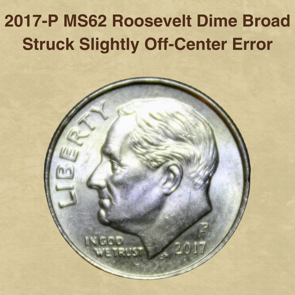 2017 Roosevelt dime off-center strike error showing blank planchet crescent with date visible