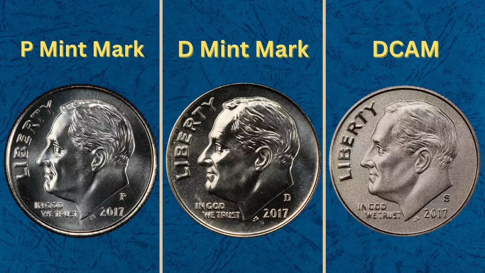 Group of 2017 Roosevelt dimes in various grades and conditions spread on dark velvet
