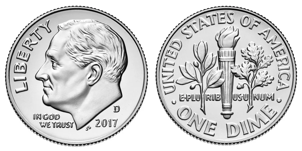 2017 Roosevelt dime grading strip showing four condition tiers from worn to gem uncirculated